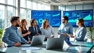 Team analyzing competitive intelligence data in a modern office setting with digital graphics.