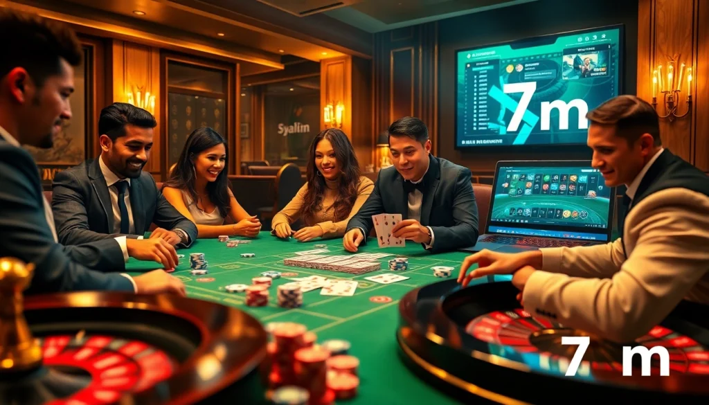 Engaged players at a casino table experiencing thrilling 7m gambling action with chips and cards.