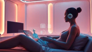 Innovative AI sex technology in a futuristic intimate setting with avatars engaging through a digital interface.