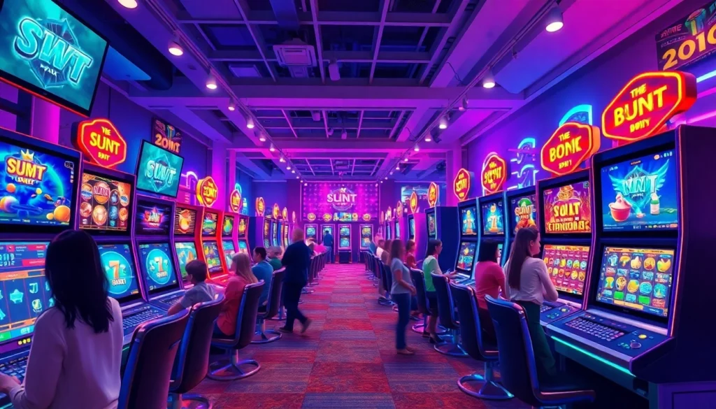 Engaging online gaming scene focusing on slot hoki with vibrant slot machines and excited players.