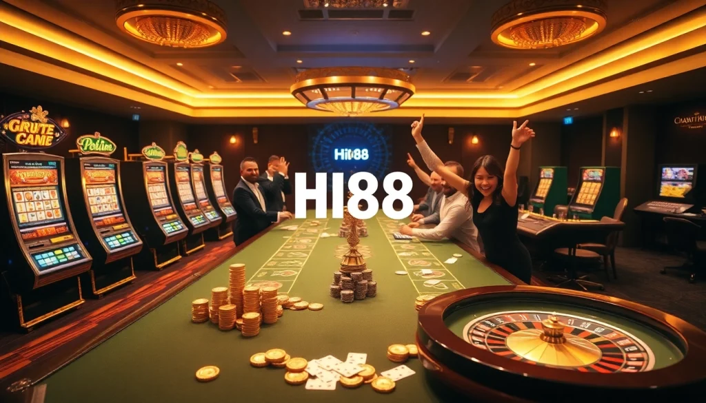 Players celebrating wins at Hi88's luxurious online casino, featuring vibrant slot machines and poker tables.