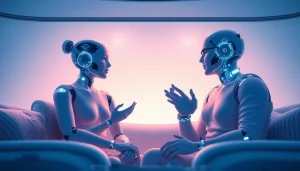 Engaging AI sex conversation in a modern intimate setting with interactive holographic displays.
