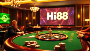 Players engaging in a thrilling poker game at Hi88, showcasing excitement and strategy.