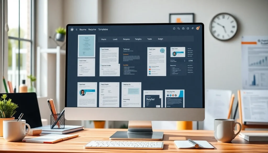 A modern computer screen showcasing a Resume Builder with various templates for job seekers.