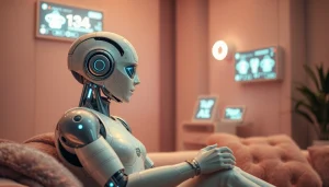 AI sex bot engaging in an intimate interaction, showcasing futuristic design and warm atmosphere.