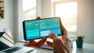 Cloud mining app interface displayed on a modern smartphone in a bright workspace.