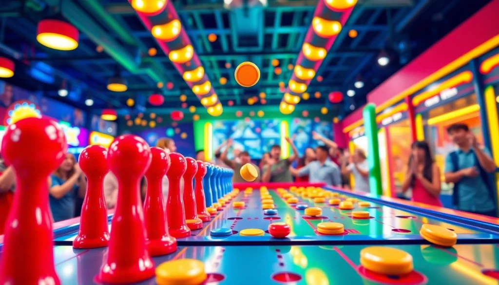 Permainan plinko di papan dengan chip berwarna jatuh, menarik perhatian pemain di arcade.