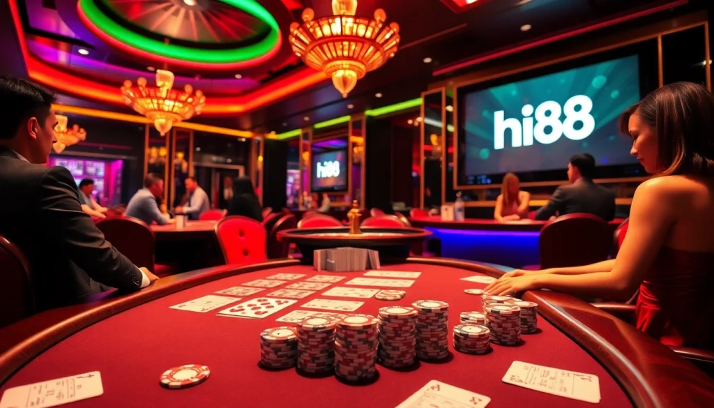 Engaged players strategizing at Hi88 casino table surrounded by poker chips and excitement.