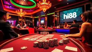 Engaged players strategizing at Hi88 casino table surrounded by poker chips and excitement.