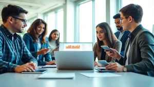 Online phone number verification process in a modern office setting with diverse professionals.