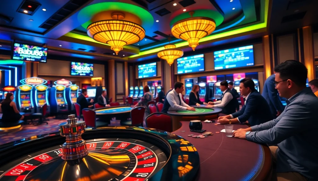 Babu88 branded roulette wheel spins amidst vibrant casino excitement.