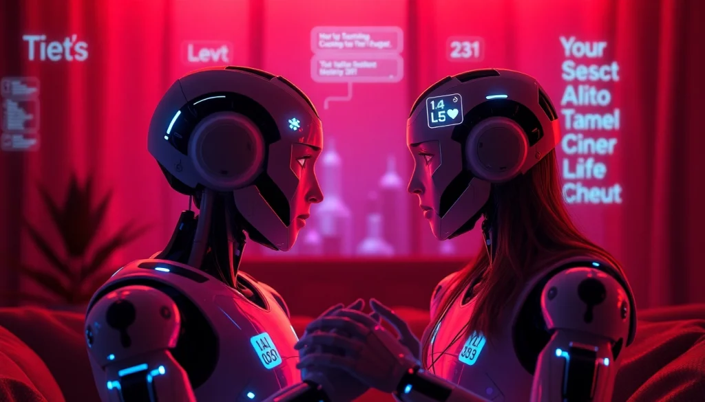AI sexting scene with playful chatbots in a cozy, ambient setting, showcasing modern technology and intimacy.