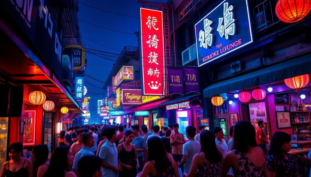 Dynamic nightlife scene in Ho Chi Minh City showcasing 호치민밤문화 with vibrant bars and crowds.