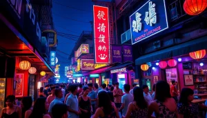 Dynamic nightlife scene in Ho Chi Minh City showcasing 호치민밤문화 with vibrant bars and crowds.