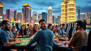 Engaging players enjoying their experience at online casinos Canada amidst a lively city setting.
