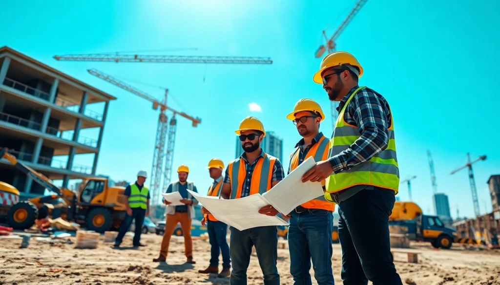 Austin construction professionals working collaboratively on a site with machinery and cranes in view.