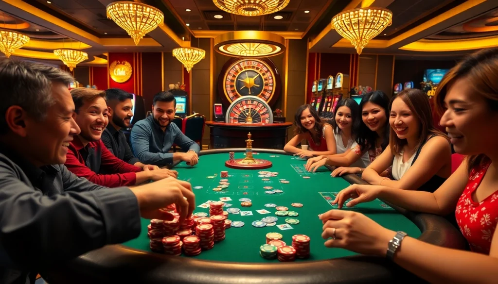 Players enjoying an exciting poker game at 789 BET casino, showcasing vibrant chips and cards.