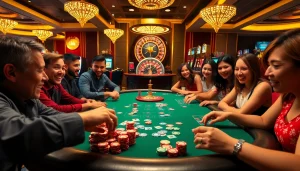 Players enjoying an exciting poker game at 789 BET casino, showcasing vibrant chips and cards.