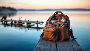 Display of a fly fishing bag filled with gear on a tranquil dock setting at dawn.
