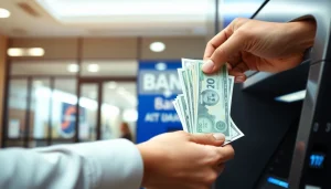 Menampilkan proses deposit 1k di ATM dengan suasana bank yang modern dan profesional.