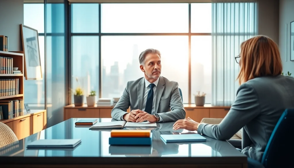 real estate lawyer consulting with a client in a modern office space.