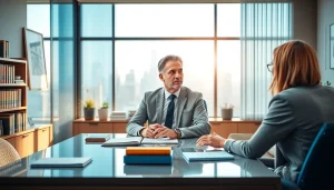 real estate lawyer consulting with a client in a modern office space.