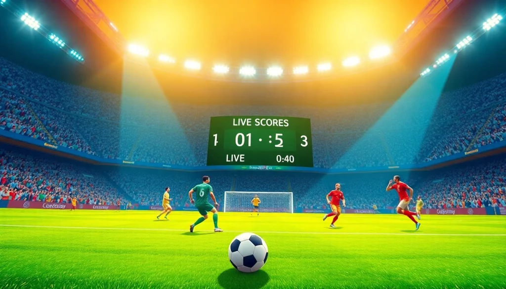 Scoreboard with ผลบอลสดไทย amidst a lively soccer match, showcasing player action and excitement.