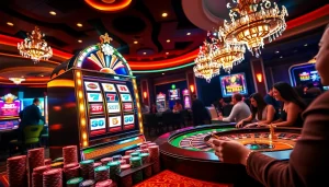 Adegan seru para pemain yang menang di mesin slot Depo 5rb dan meja roulette di kasino mewah.
