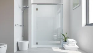 Elegant shower screen door displayed in a modern bathroom with natural light.