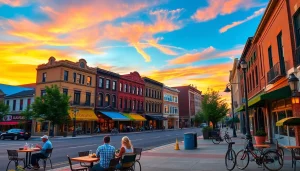 Couple dining outdoors in Clarksburg's vibrant downtown during sunset.