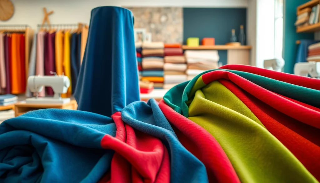 Verken vibrant stretch stoffen met aantrekkelijke patronen in een stijlvolle showroom.