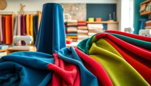 Verken vibrant stretch stoffen met aantrekkelijke patronen in een stijlvolle showroom.