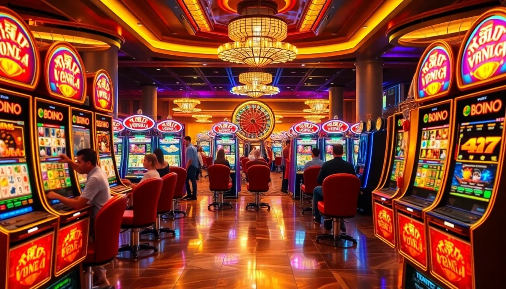 Excited players engaging with vibrant Mahjong-themed slot demo machines in a lively casino.