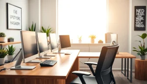 Enhance efficiency at a typing center with modern computers and a professional setup.