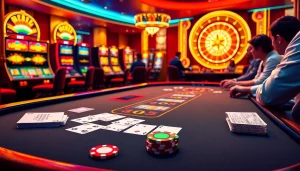 Experience luxury gaming with MM 88 at a high-stakes casino table filled with vibrant slot machines.