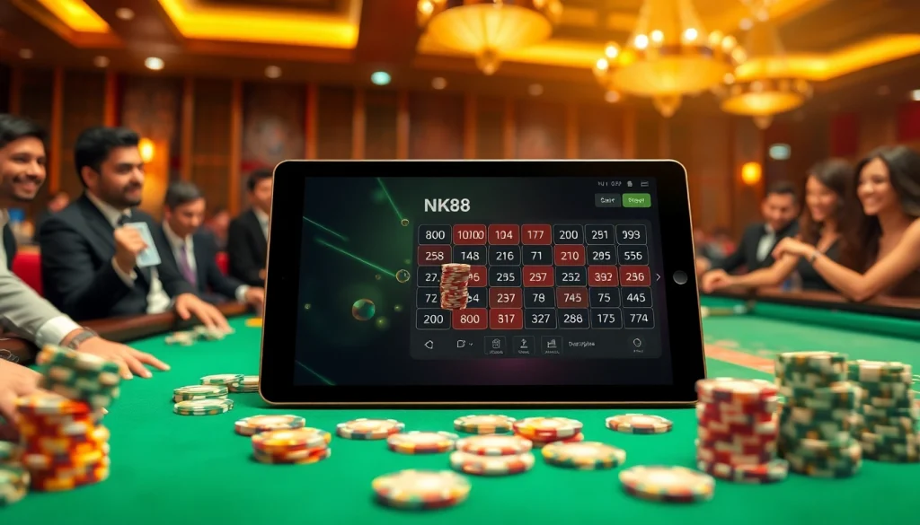 Intense gamblers enjoying a game of roulette at NK88, surrounded by chips and cards.