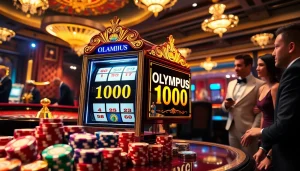 Experience the thrill of Olympus 1000 slot in a vibrant casino setting with excited players.