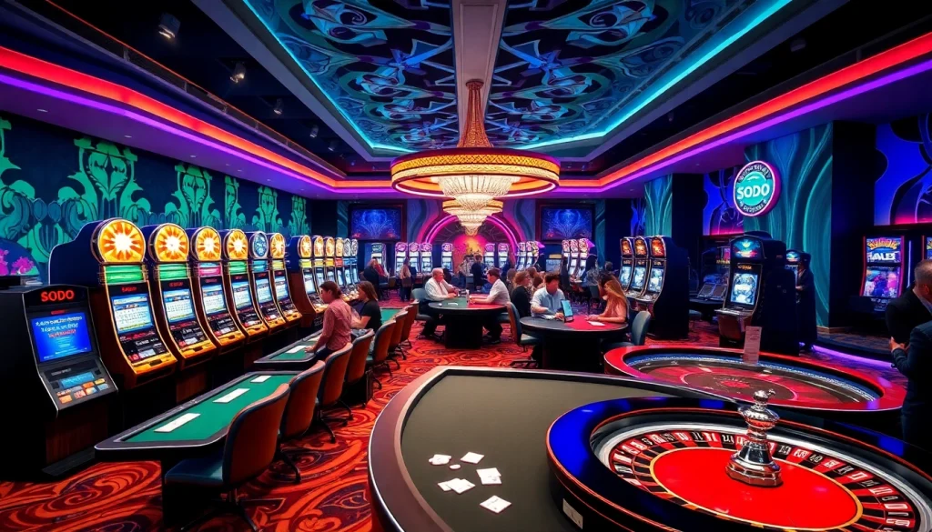 Gamblers enjoying SODO Casino with vibrant slot machines and poker tables in a dynamic setting.