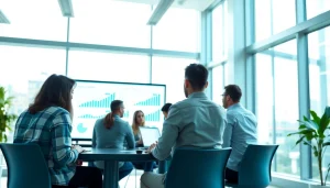 Analyze growth strategy trends during a business meeting in a modern office.