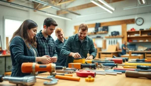 Students in a Trade School knoxville Tn class, collaborating with tools in a bright workshop.