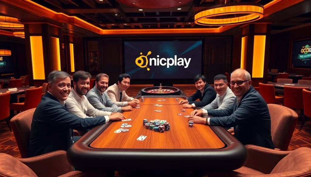 Players compete in a thrilling poker game featuring onicplay elements and luxurious casino decor.