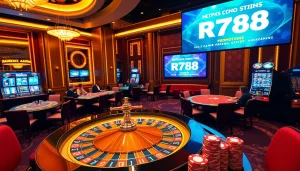 Experience the thrill of gaming at https://rr88.navy/ with a luxurious casino scene featuring roulette and poker tables.