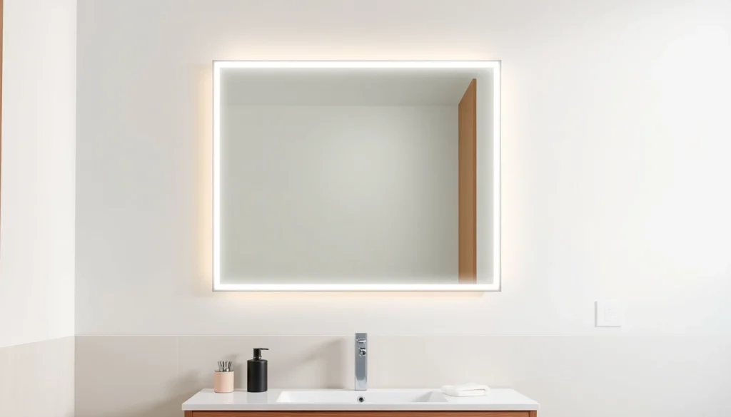 Illuminated mirror light mirror enhancing a stylish modern bathroom ambiance with elegant features.