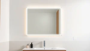 Illuminated mirror light mirror enhancing a stylish modern bathroom ambiance with elegant features.