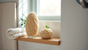 Examine the best back loofah for dry skin displayed in a serene bathroom setting.