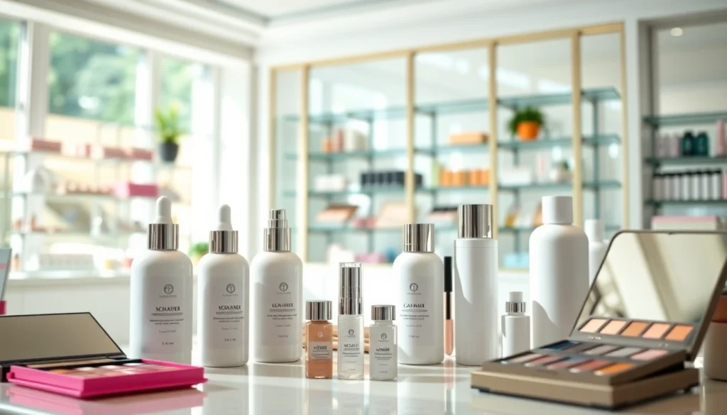 Kosmetika produktai elegantiškoje parduotuvėje su gražiai išdėstytais buteliais.