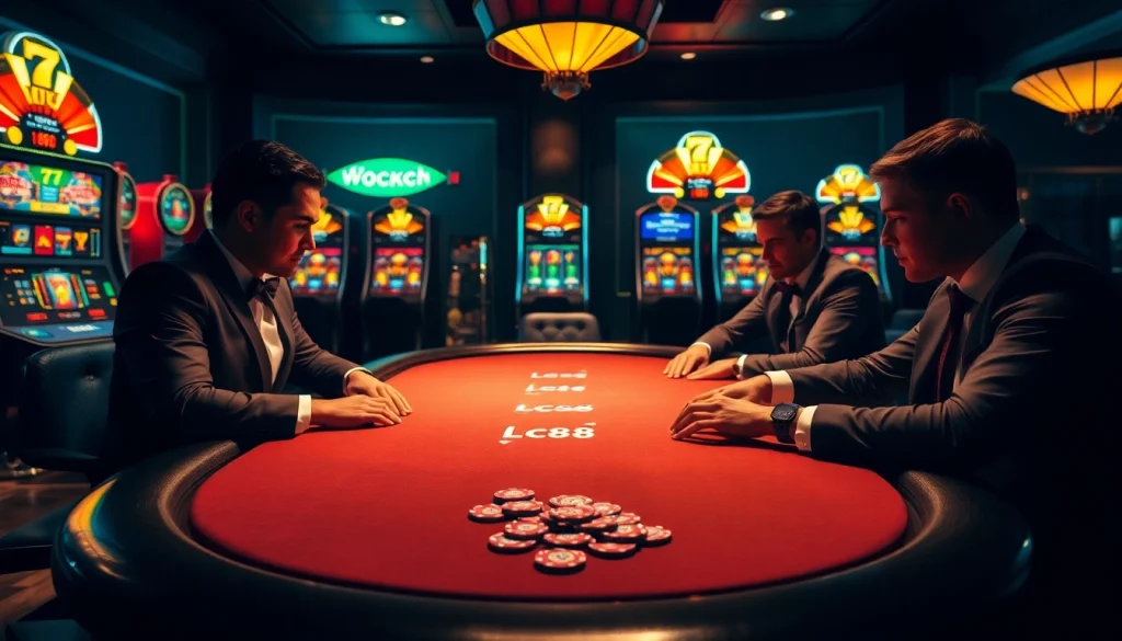 High-stakes poker action at a luxurious casino, highlighting Lc88.marketing branding on chips.