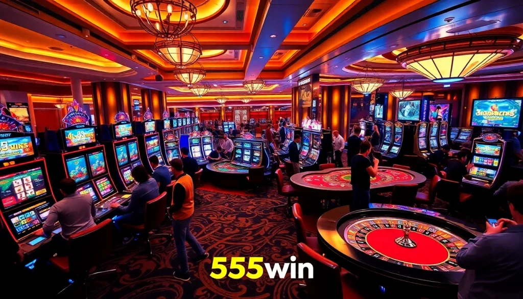 Players enjoying thrilling games at 555win casino, with vibrant tables and slot machines.