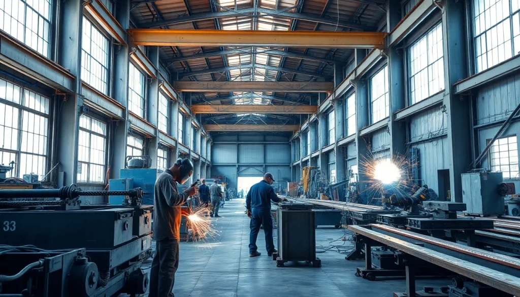 Craftsmen engaging in structural steel welding process in a professional fabrication setting.