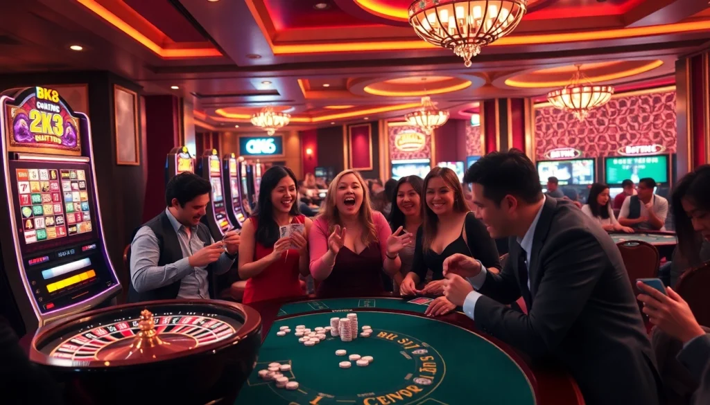 Engaging players winning at BK8 casino games with vibrant slot machines and roulette wheel.
